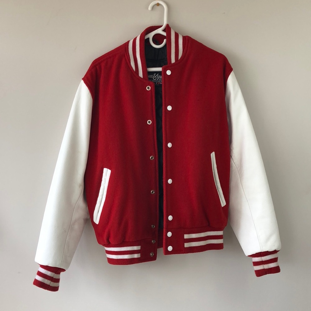 Classic Red & White Leather & Wool Varsity Jacket